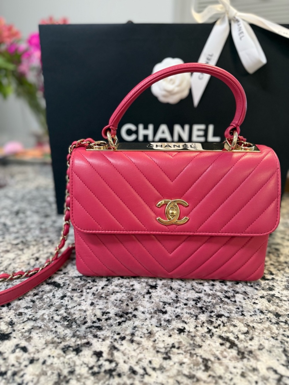 CHANEL Trendy lambskin pink chevron gold hardware small